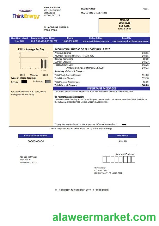 USA Think Energy utility bill template in Word and PDF format